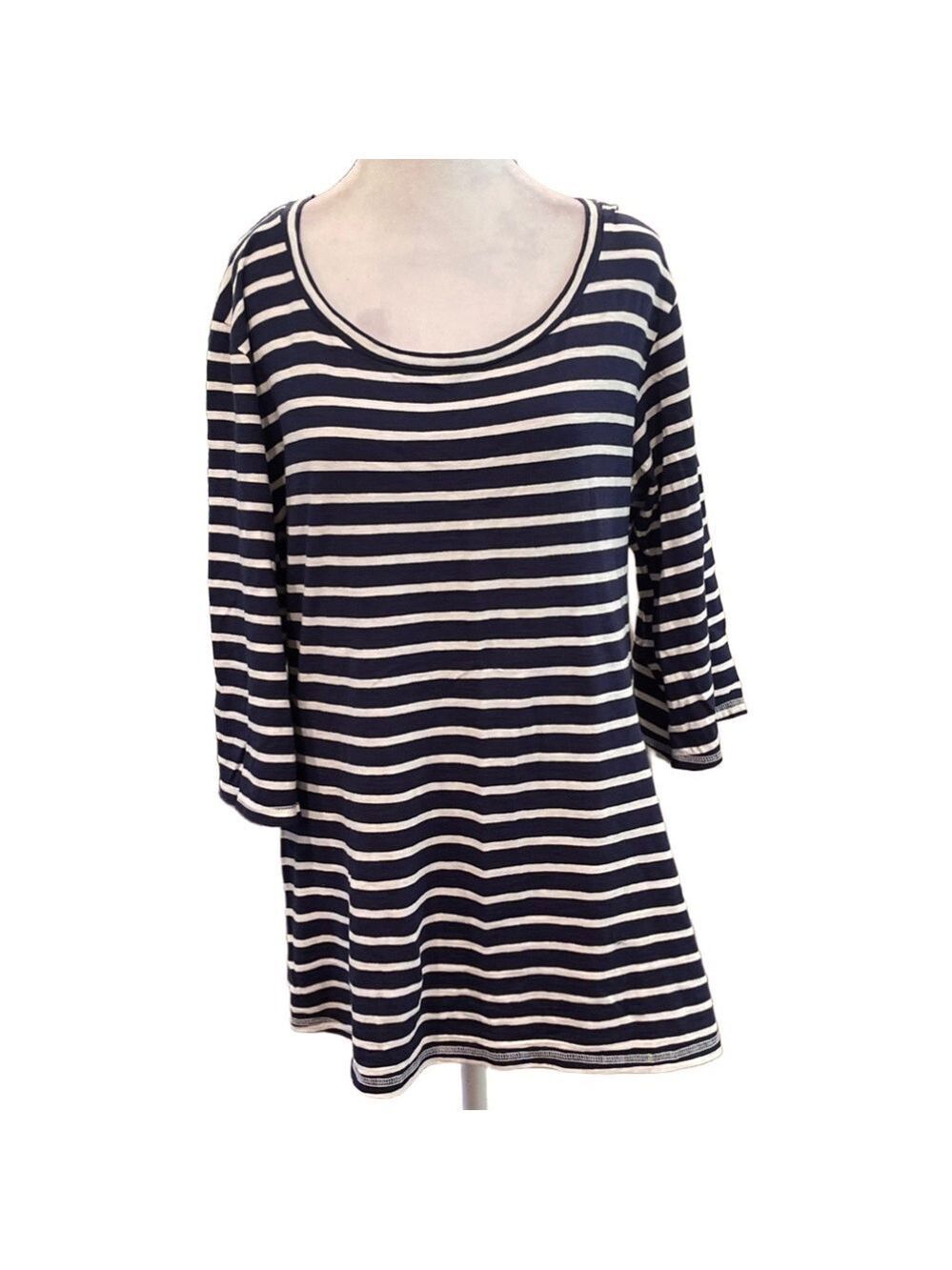 Devil May Wear M 100% organic cotton bell sleeve striped blue/cream tunic top